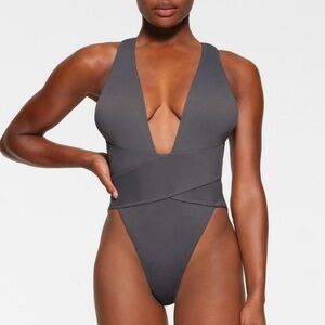 NWT Skims 3x Gunmetal Recycled swim cut out plunge monokini